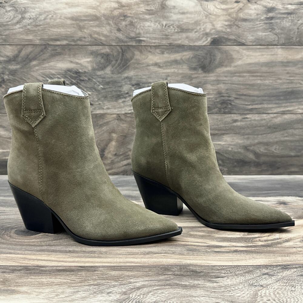 NIB Kenneth Cole New York Kara 8.5M Western Pointed Toe Suede Ankle Boots Khaki - Picture 3 of 9